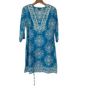 Ann Taylor Blue White Printed 3/4 Sleeve linen Dress Tie Waist Size Medium